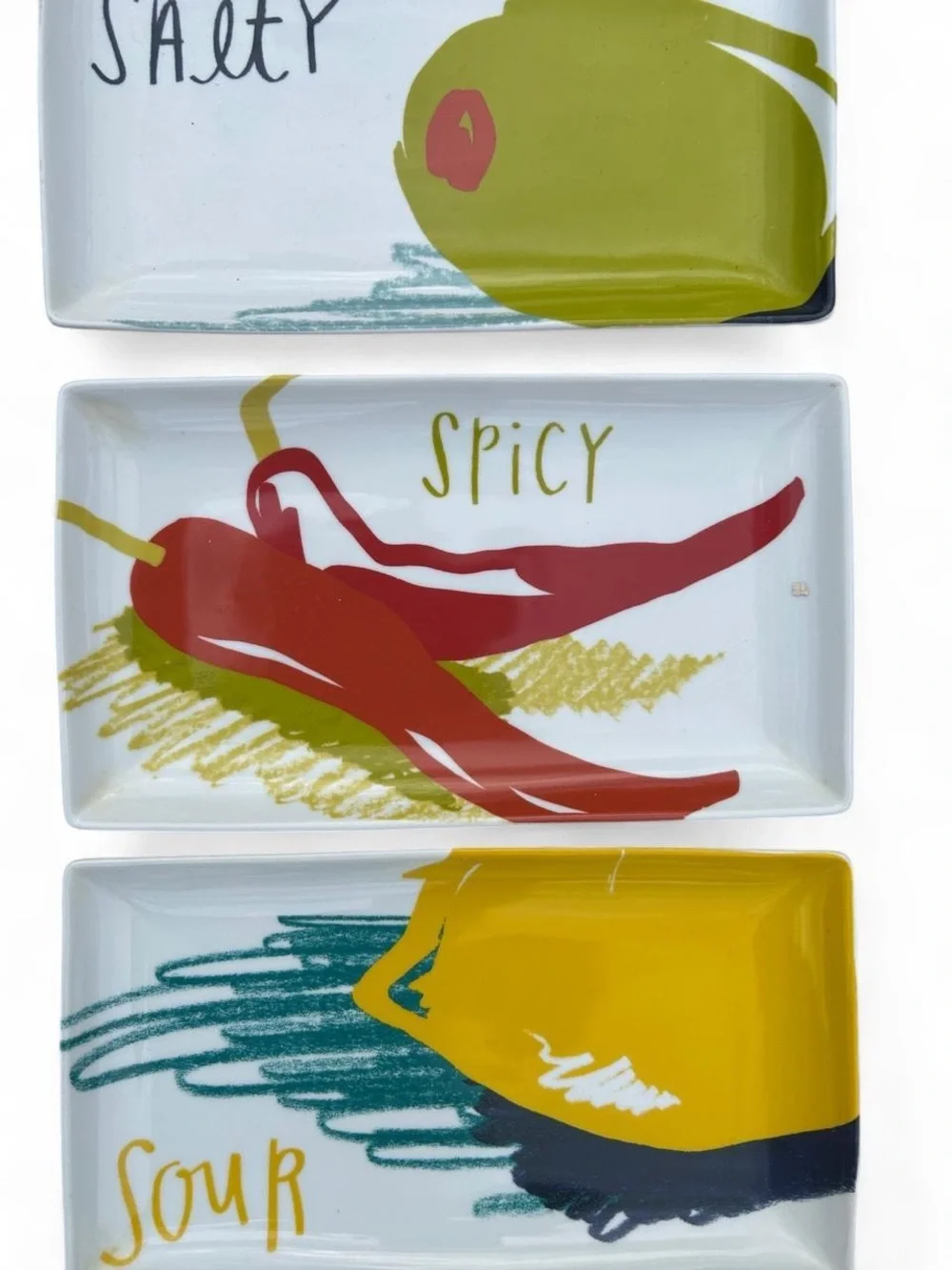 Crate & Barrel Salty Spicy Sour Ceramic Appetizer Tray Set Olive Serving Plates